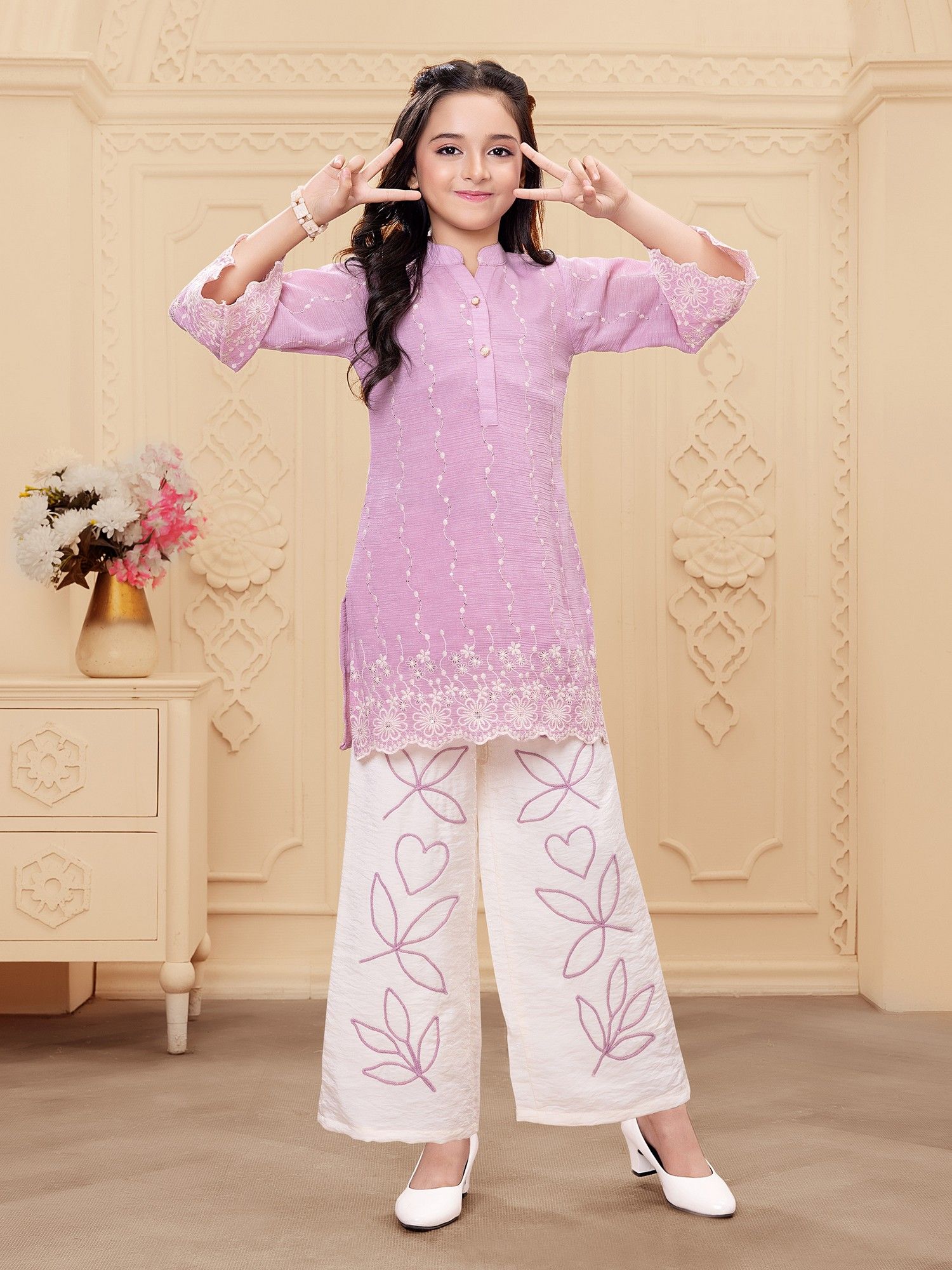 Pink Woven Rayon Thread Embriodery Top with Palazzo