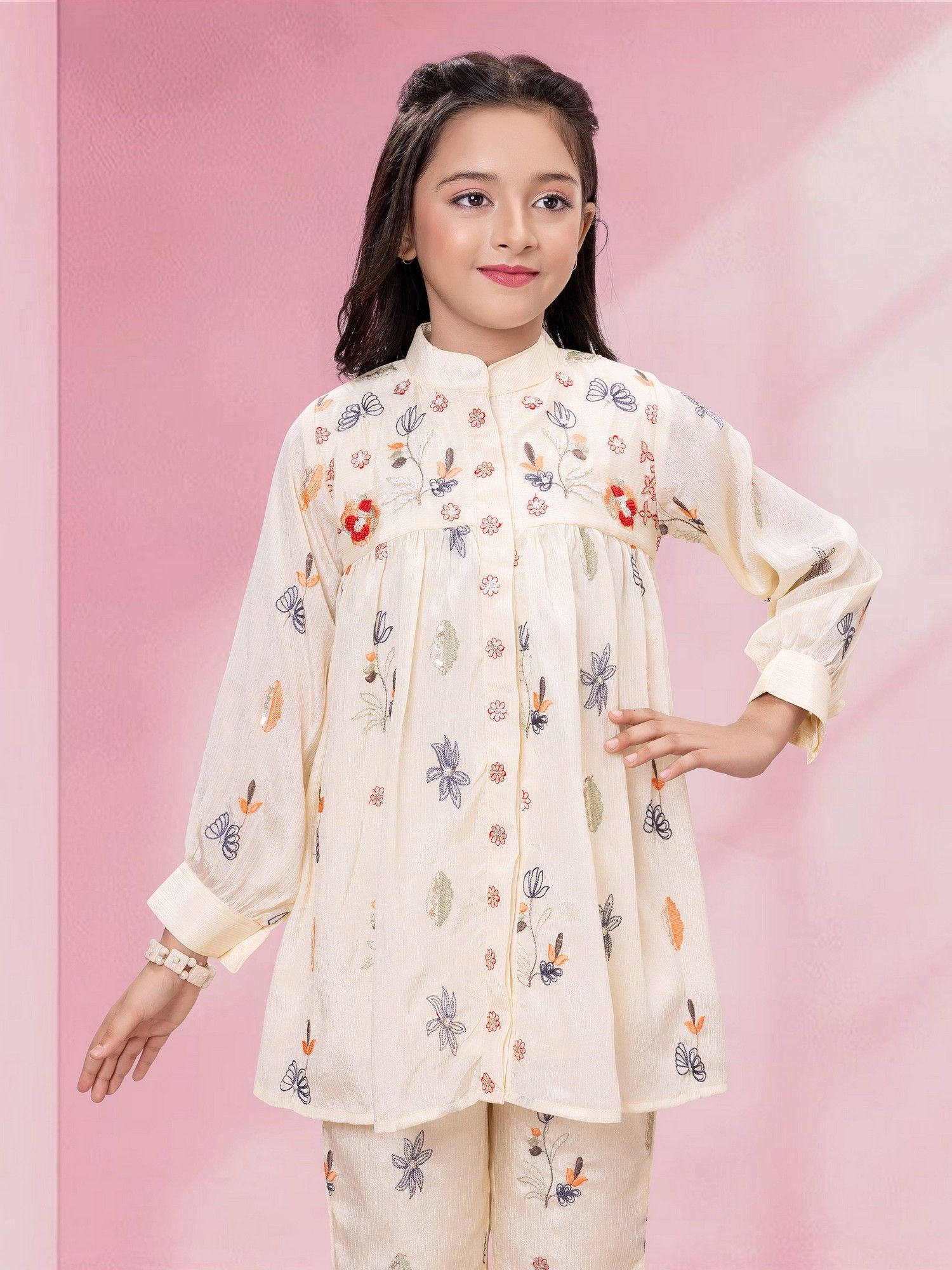 Cream Woven Rayon Thread Embriodery Co-ord Set