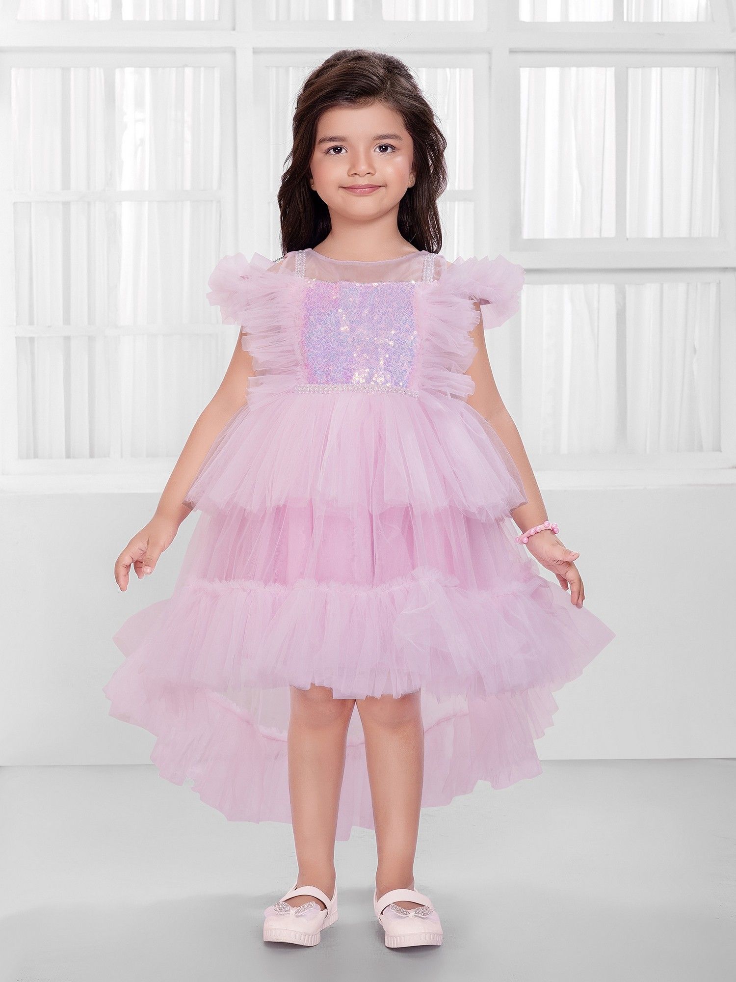 Pink Net Woven Frill Sleeves Sequence body Dress