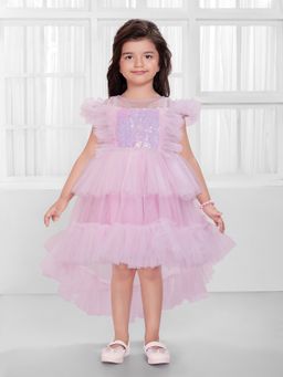 Mini Stitch - Pink Net Woven Frill Sleeves Sequence body Dress