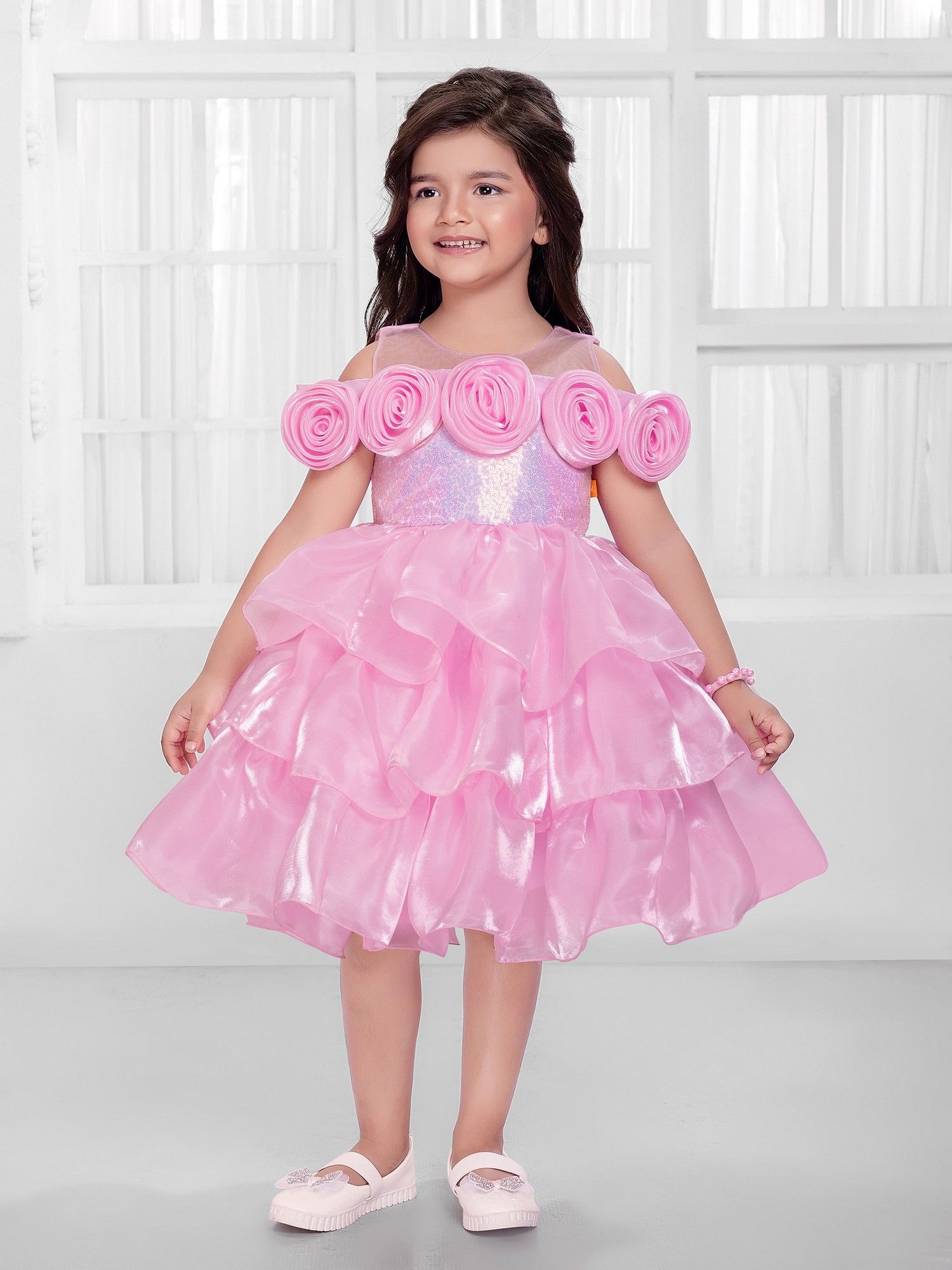 Pink Satin Organza Woven Off shoulder Rose Applique Dress