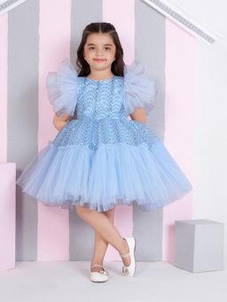 Mini Stitch - Blue Net Woven Butterfly Sleeves Embellished Dress