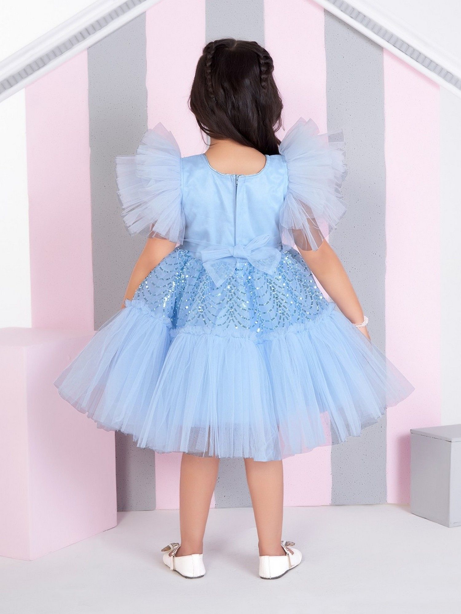 Blue Net Woven Butterfly Sleeves Embellished Dress