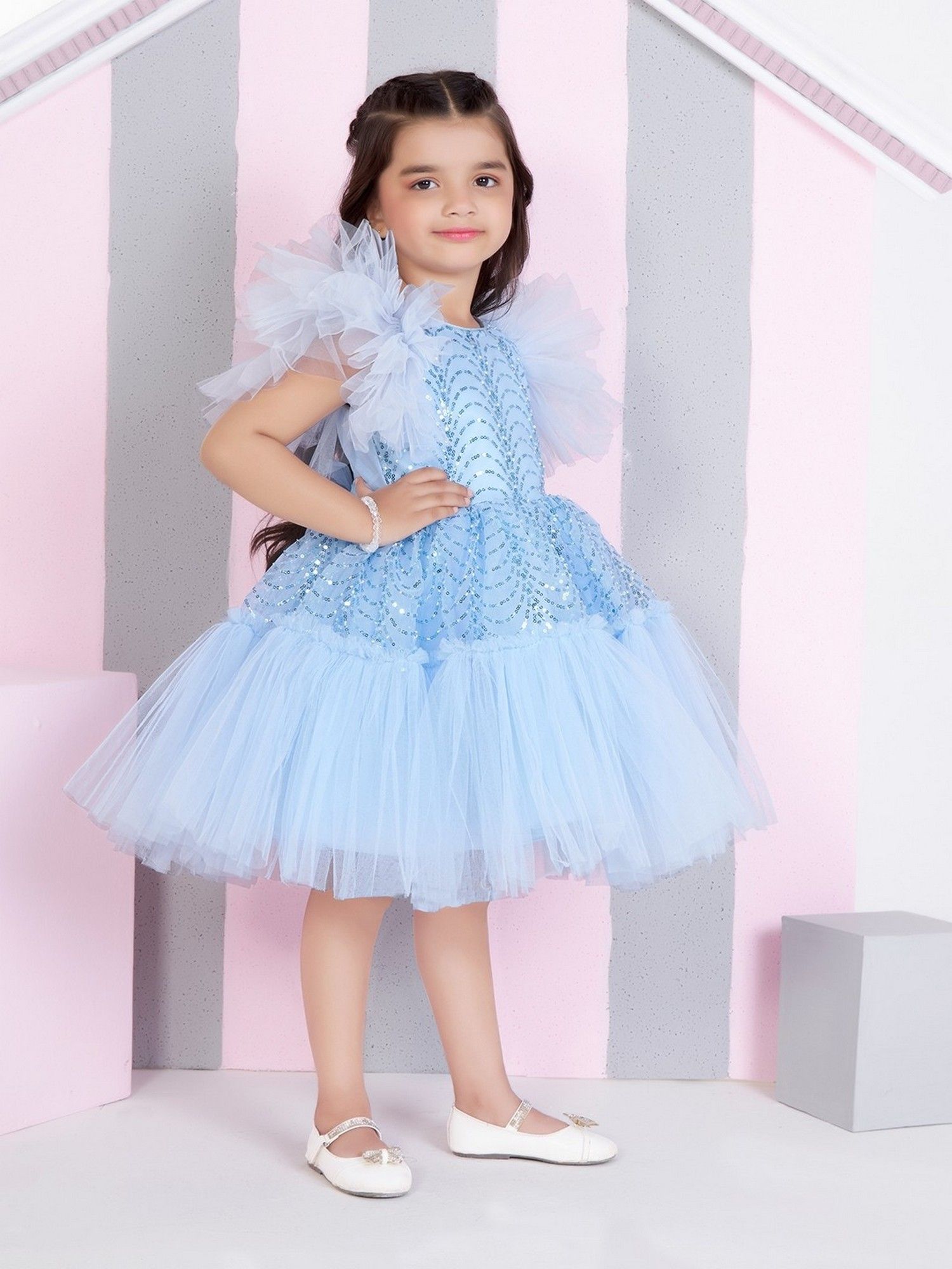 Blue Net Woven Butterfly Sleeves Embellished Dress