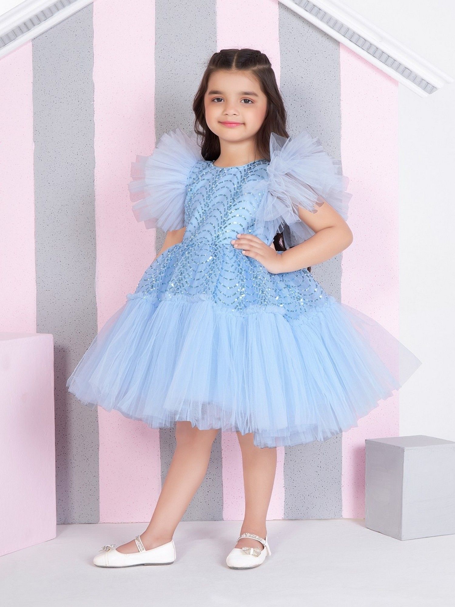 Blue Net Woven Butterfly Sleeves Embellished Dress