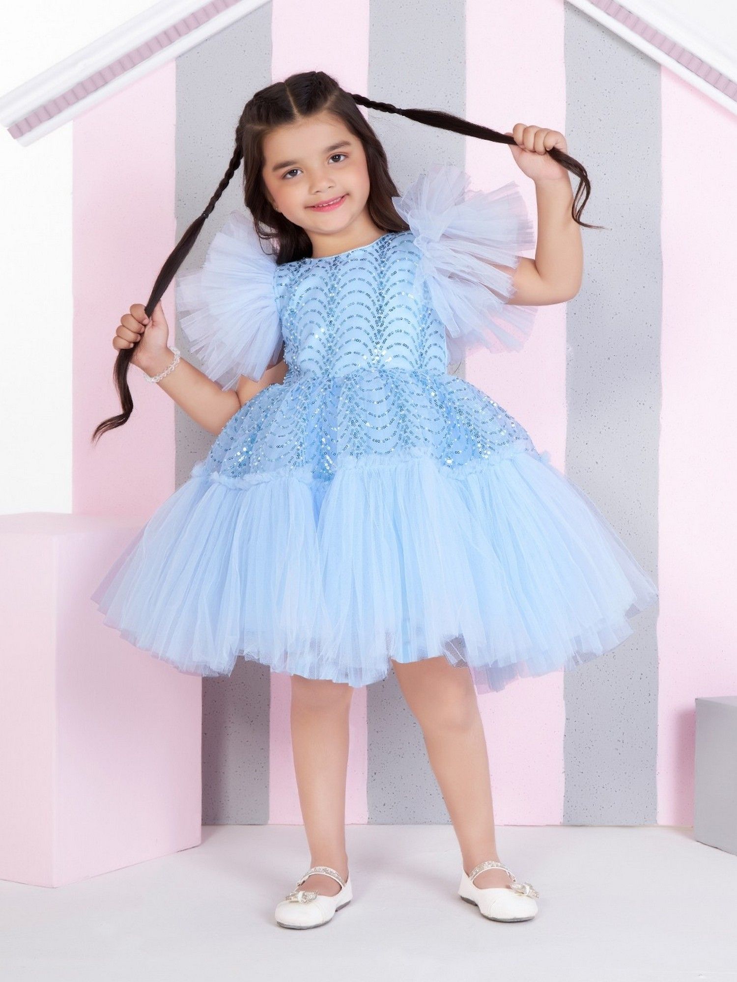 Blue Net Woven Butterfly Sleeves Embellished Dress