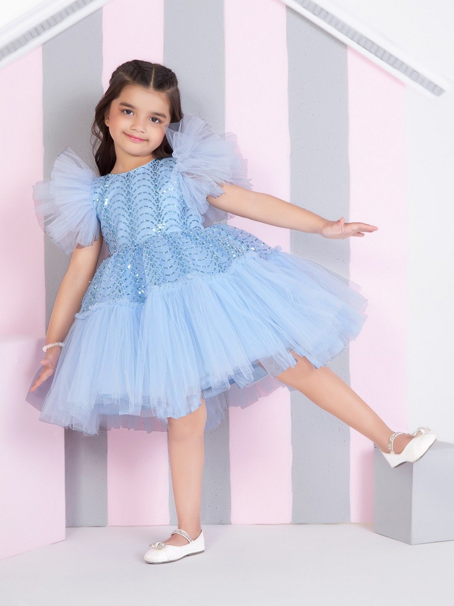 Blue Net Woven Butterfly Sleeves Embellished Dress