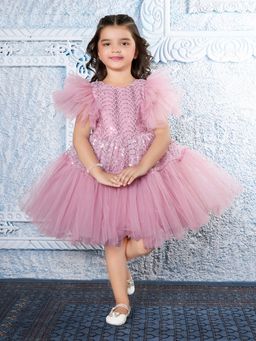 Mini Stitch - Onionpink Net Woven Butterfly Sleeves Embellished Dress