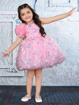 Mini Stitch - Babypink Net Woven One shoulder Puff Sleeves 3d Applique Dress