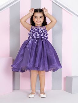 Mini Stitch - Purple Satin WovEn Sleevless 3d Floral Twotone Applique Dress