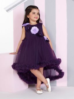 Mini Stitch - Purple Net Woven Sleevless 3d Floral Applique High low Dress