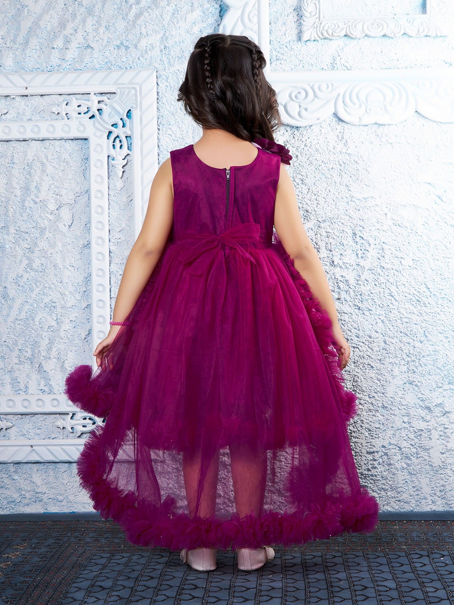 Wine Net Woven Sleevless 3d Floral Applique High low Dress