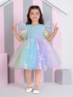 Mini Stitch - Multicolour Net Woven Sleevless 3d Butterfly Sequence Body Dress