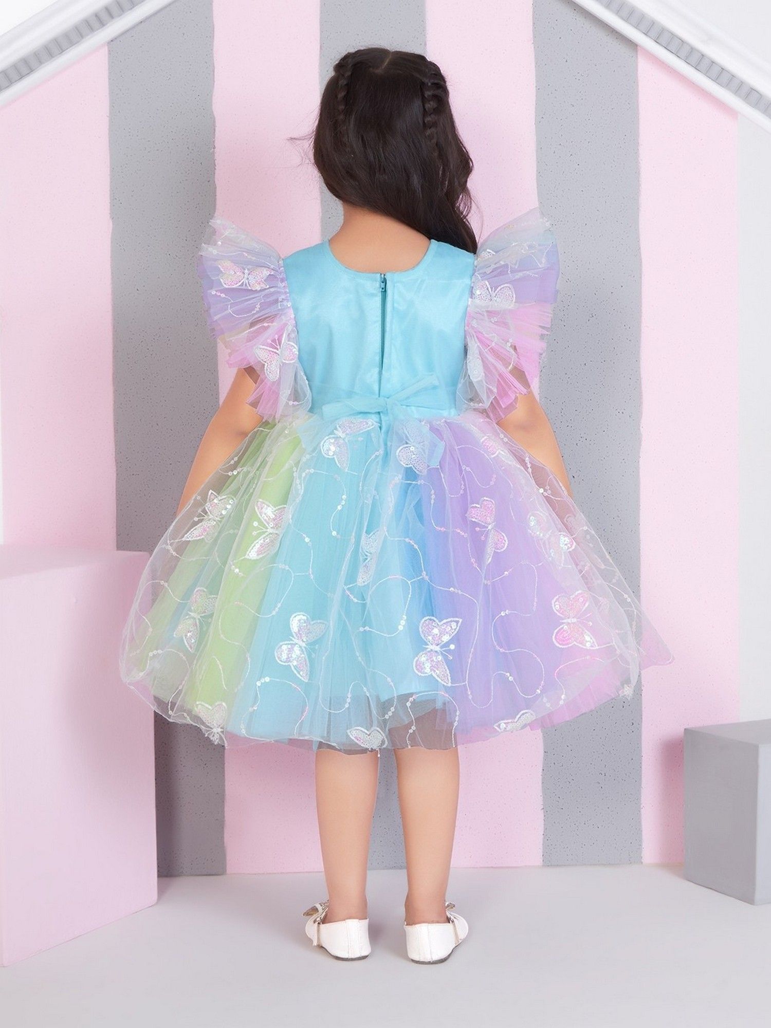 Multicolour Net Woven Sleevless 3d Butterfly Sequence Body Dress