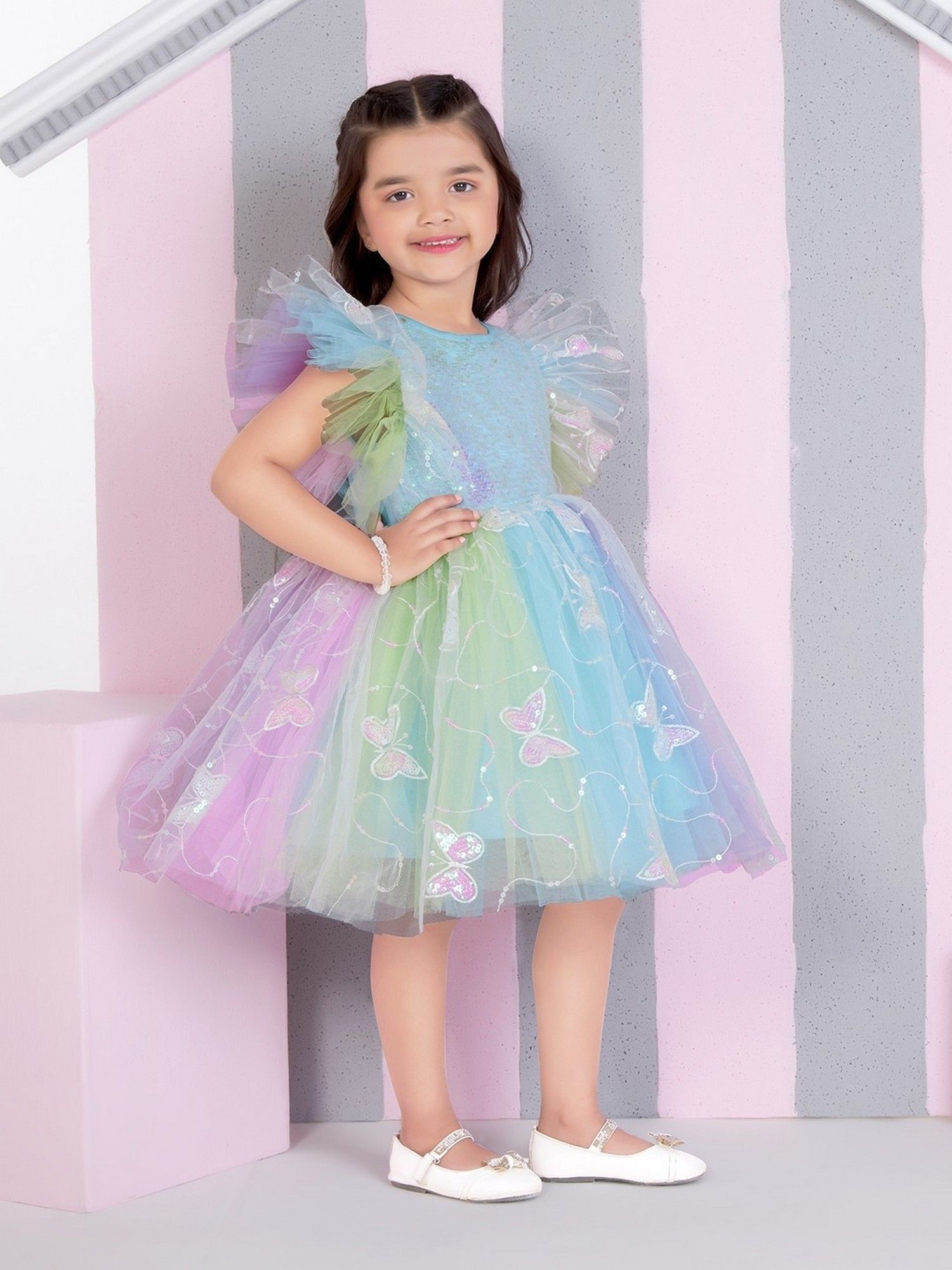 Multicolour Net Woven Sleevless 3d Butterfly Sequence Body Dress