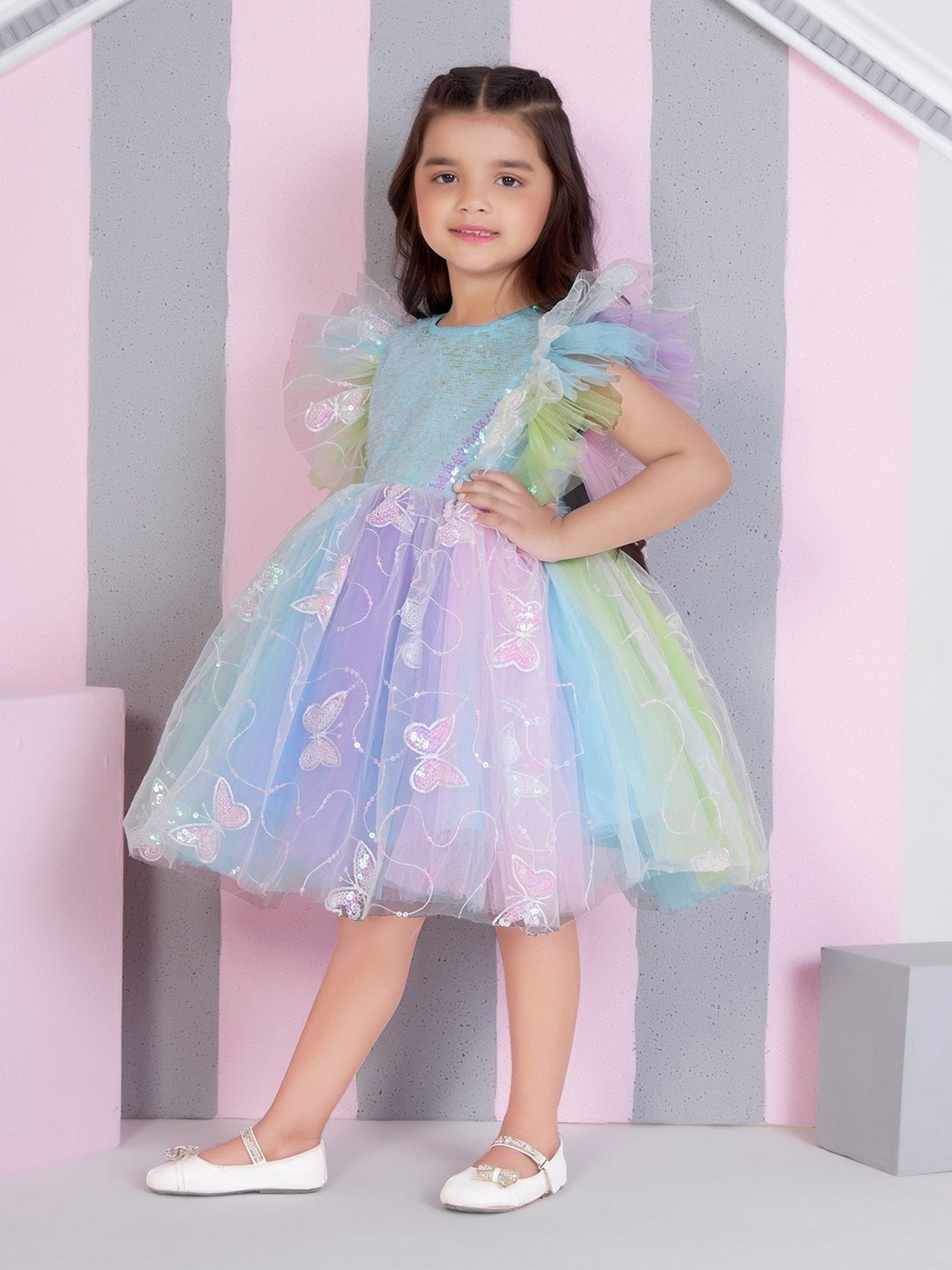 Multicolour Net Woven Sleevless 3d Butterfly Sequence Body Dress
