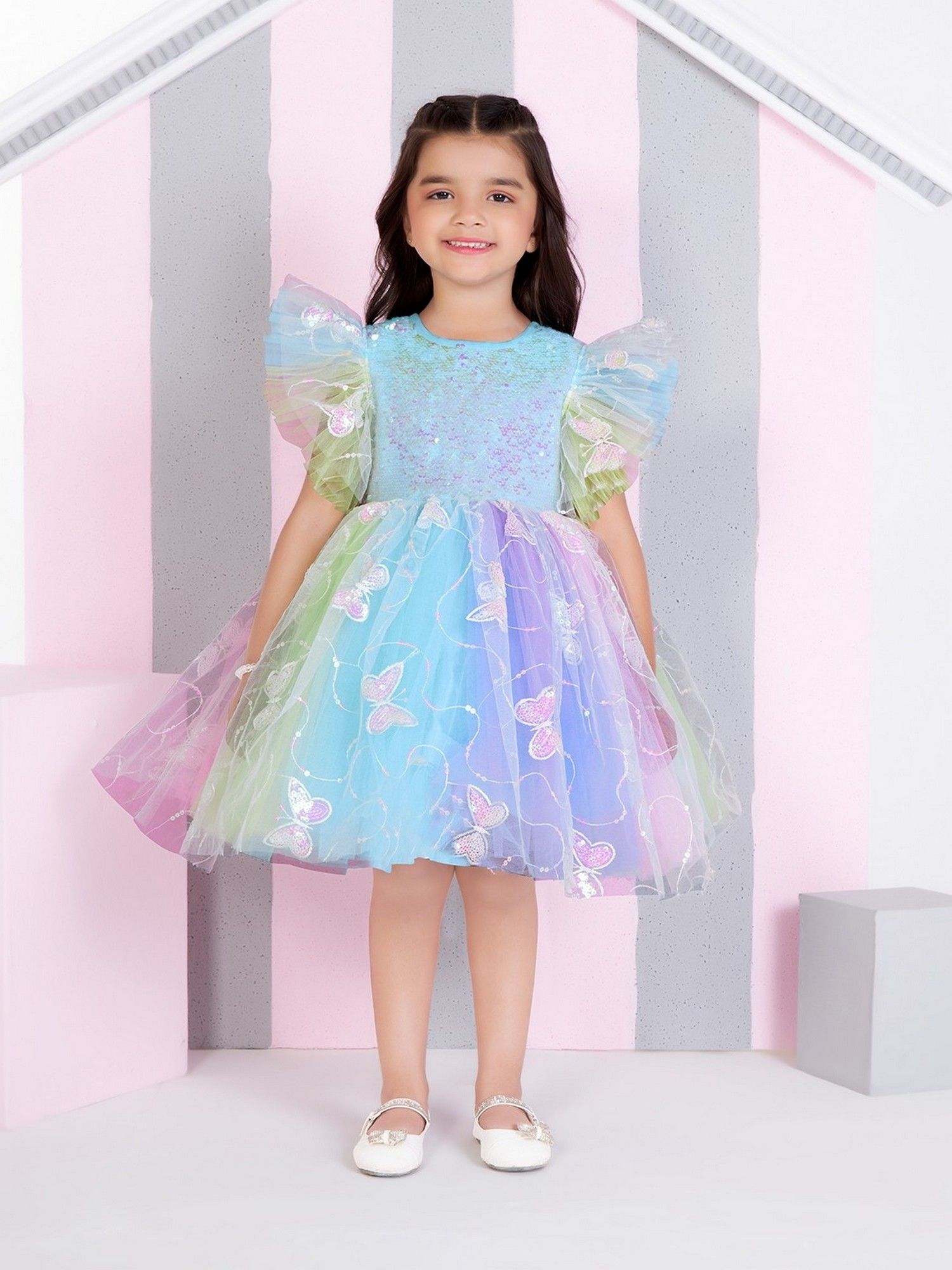 Multicolour Net Woven Sleevless 3d Butterfly Sequence Body Dress