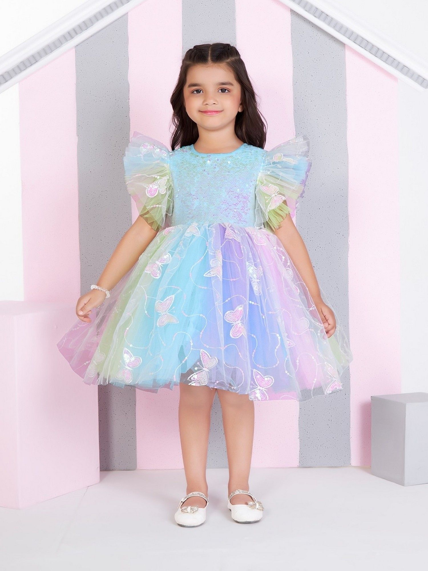Multicolour Net Woven Sleevless 3d Butterfly Sequence Body Dress