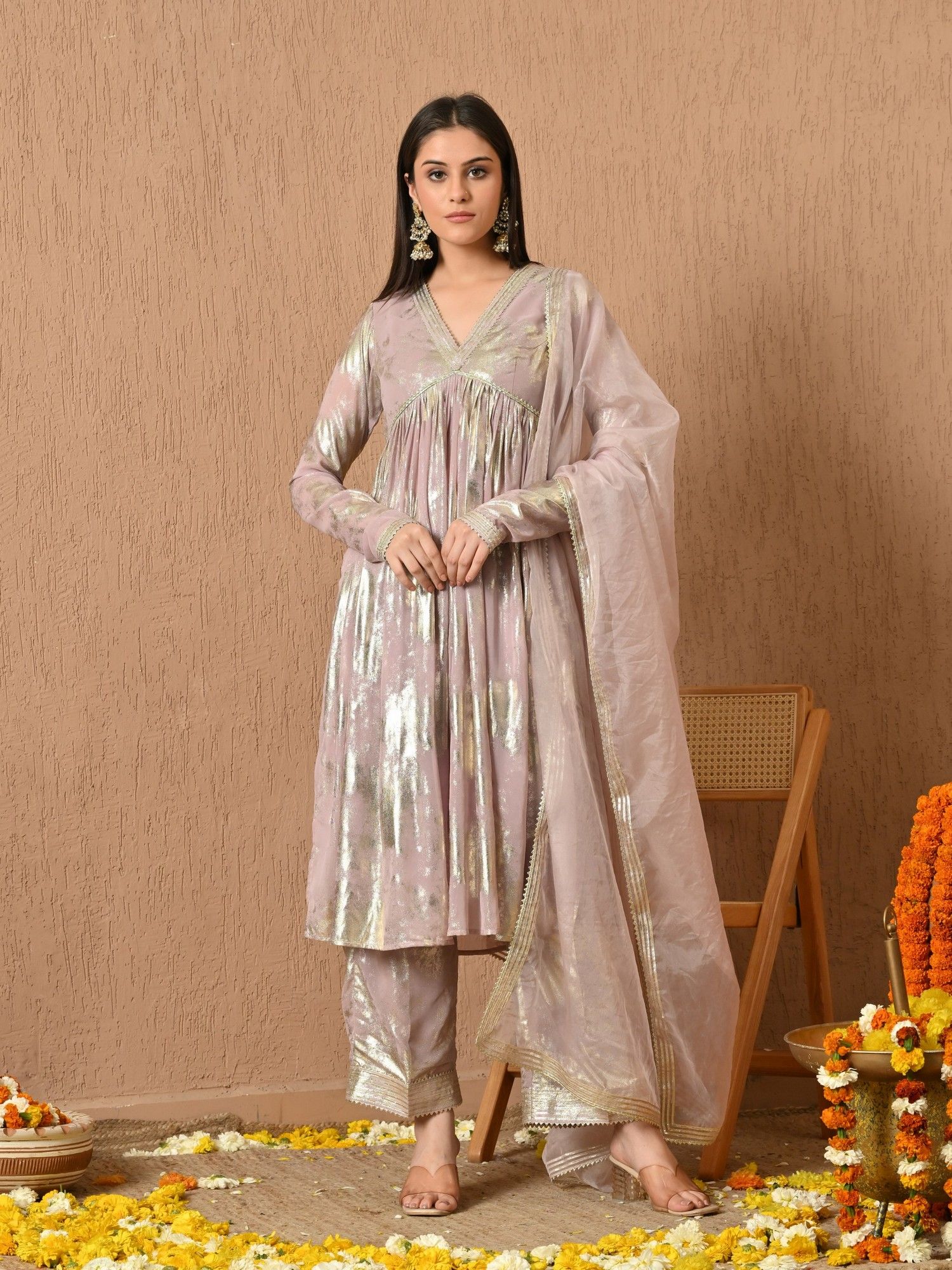 Noor Foil Georgette Kurta with Pant and Dupatta