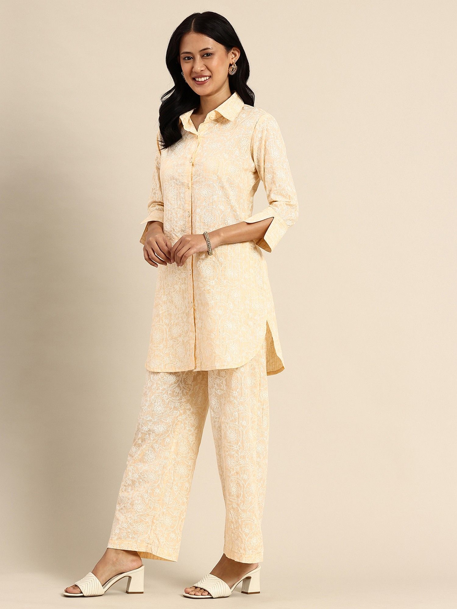 Cream Printed Pure Cotton Co-Ord Set