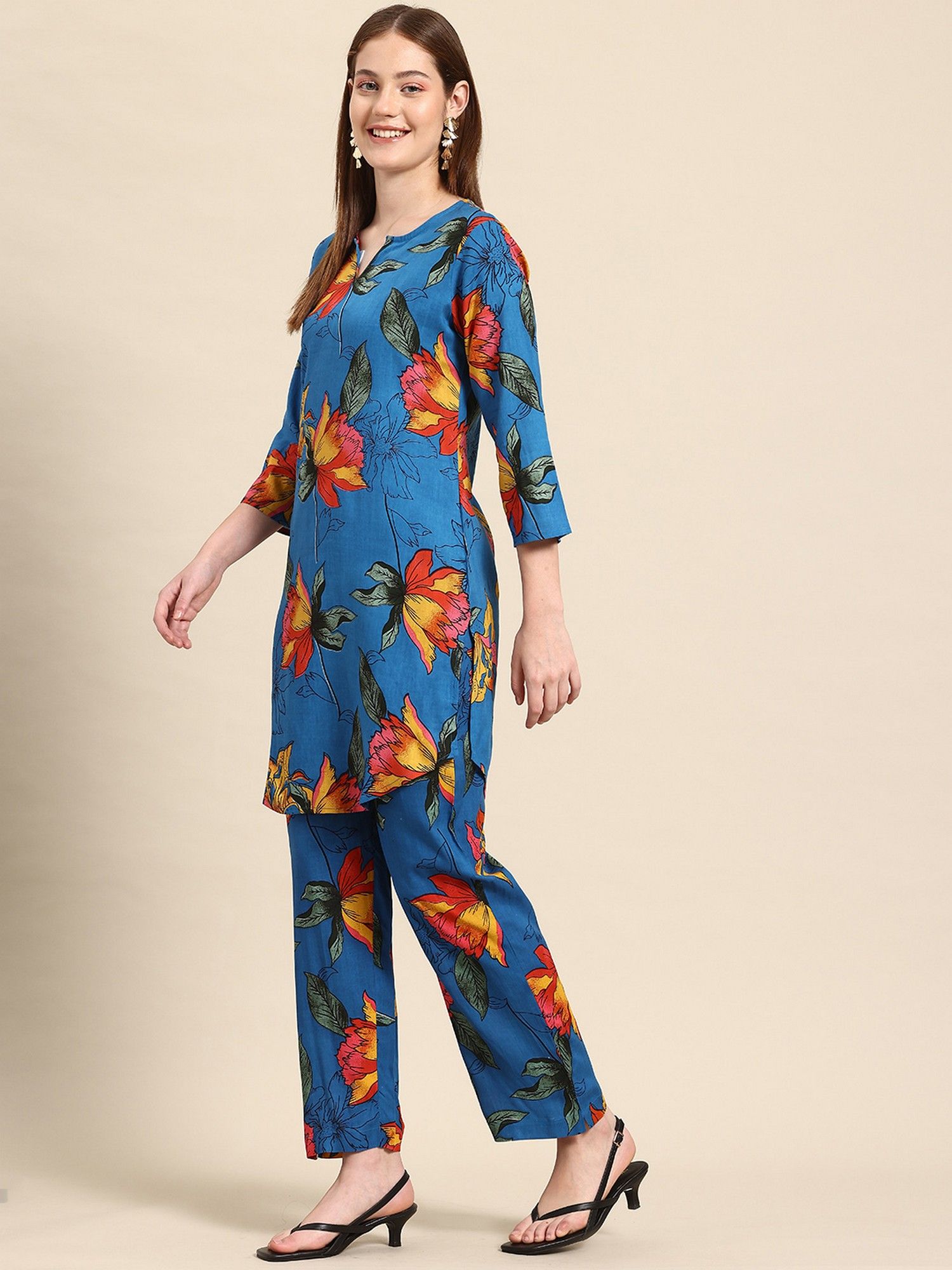 Blue Casual Floral Printed Co-Ord Set