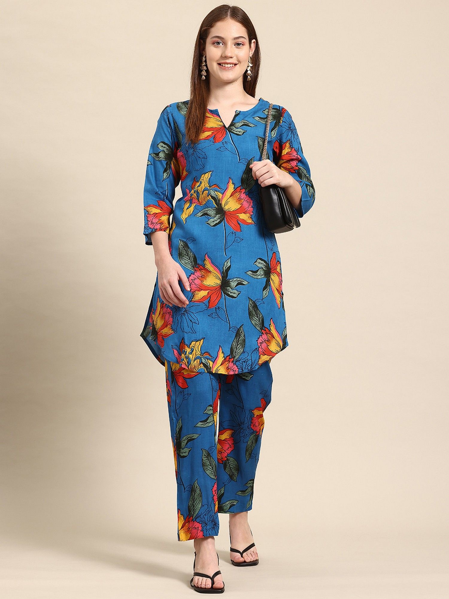 Blue Casual Floral Printed Co-Ord Set