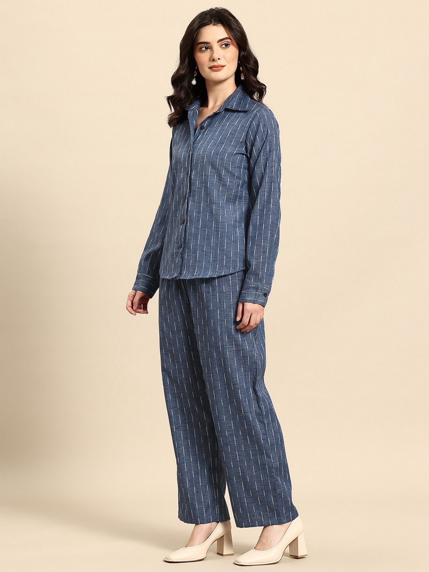 Blue Self-Striped Co-Ord Set