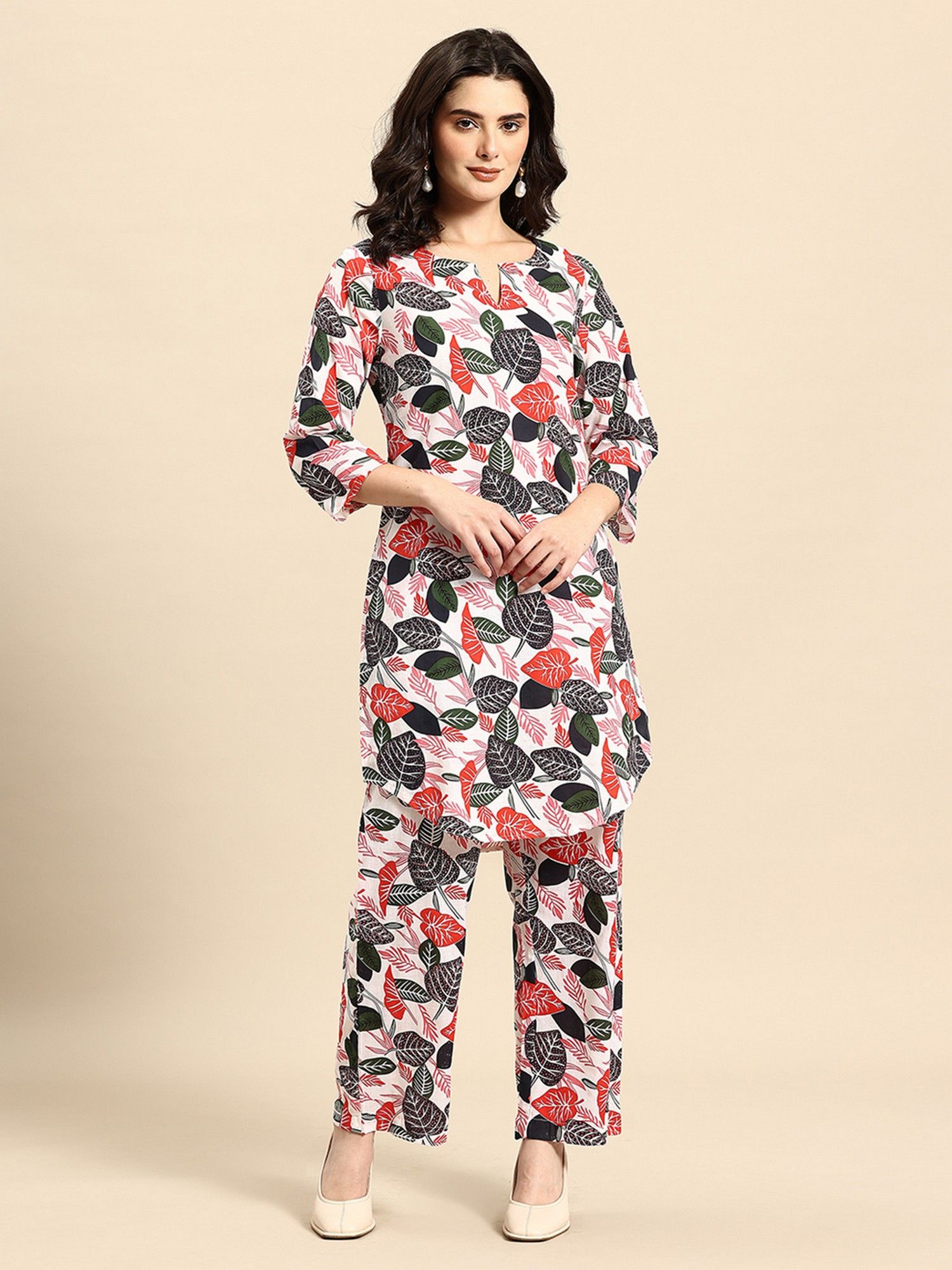 White Floral Printed Pure Cotton Co-Ord Set