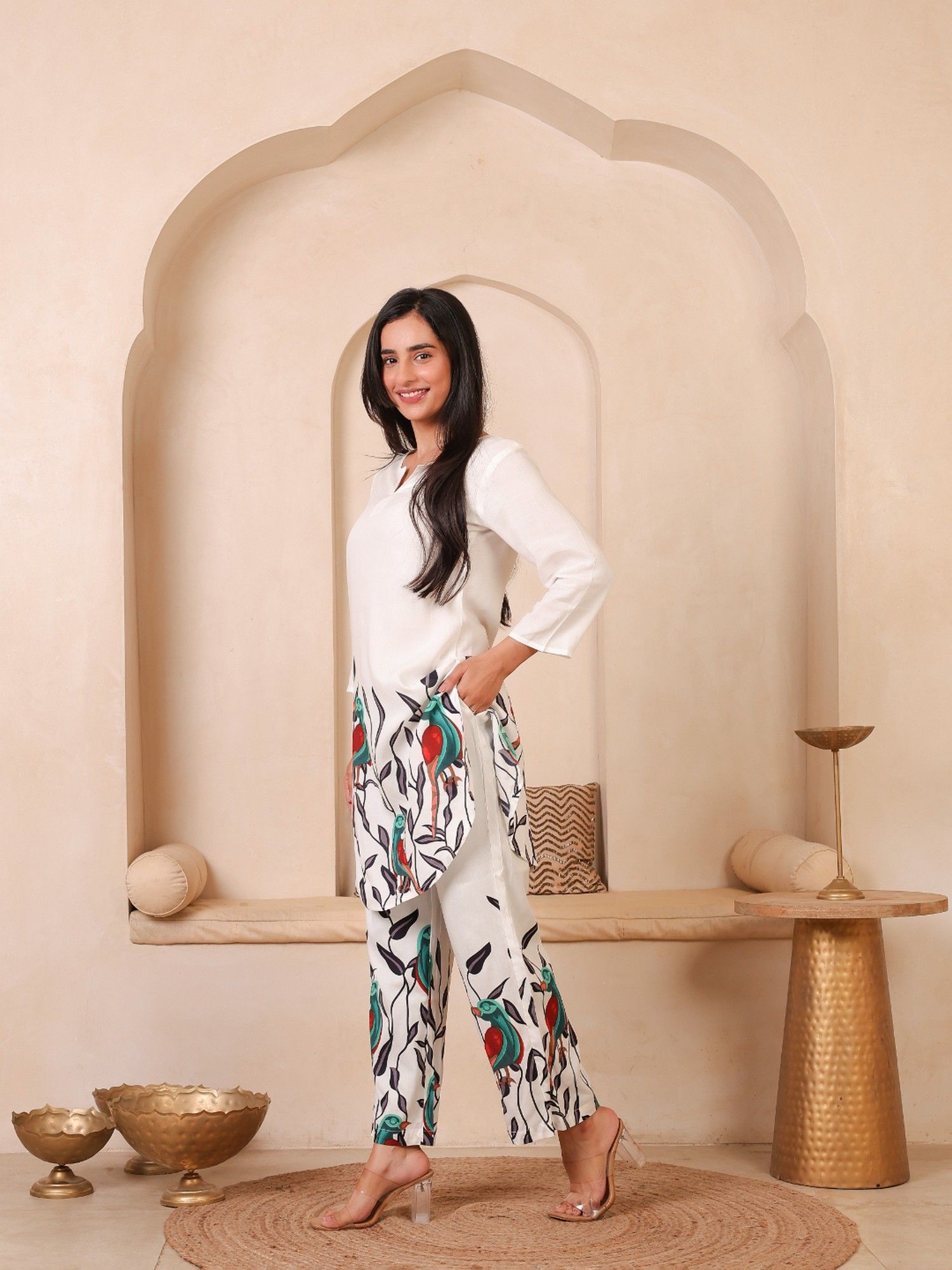 White Parrot Printed Co-Ord Set