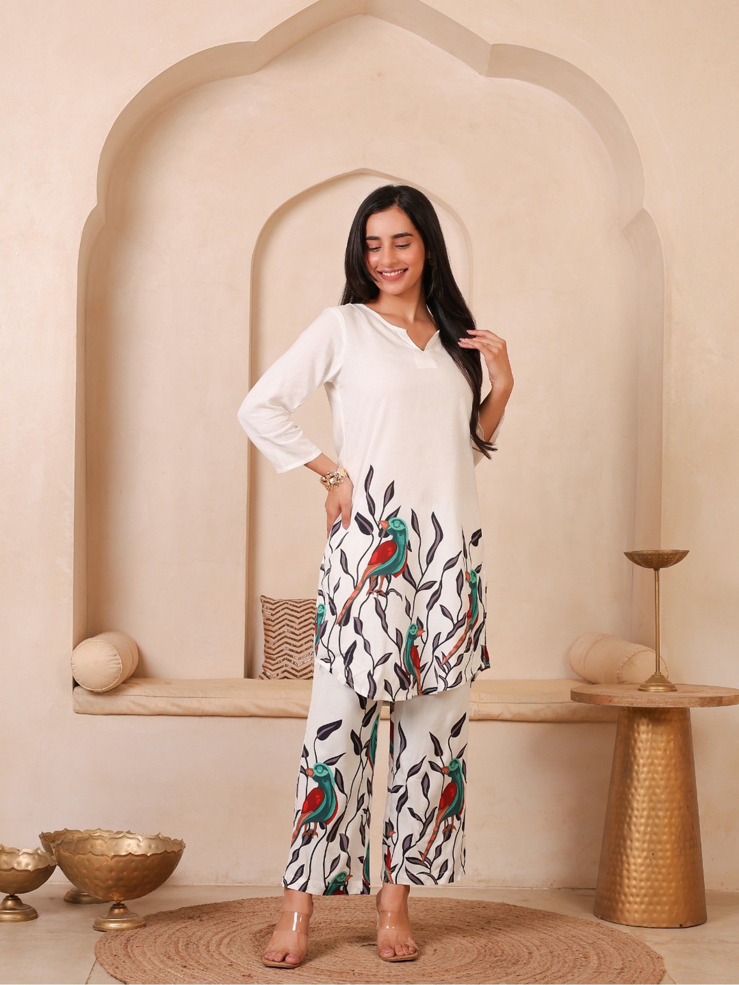 White Parrot Printed Co-Ord Set
