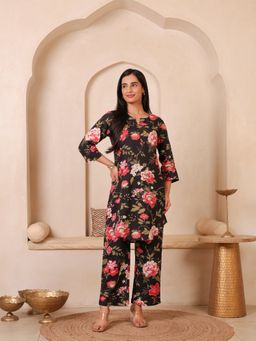 A&K - Black Floral Printed Pure Cotton Co-Ord Set