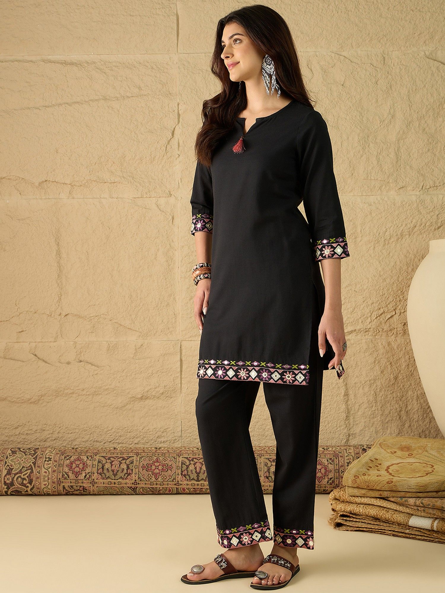 Black Cotton Embroidered Co-Ord Set