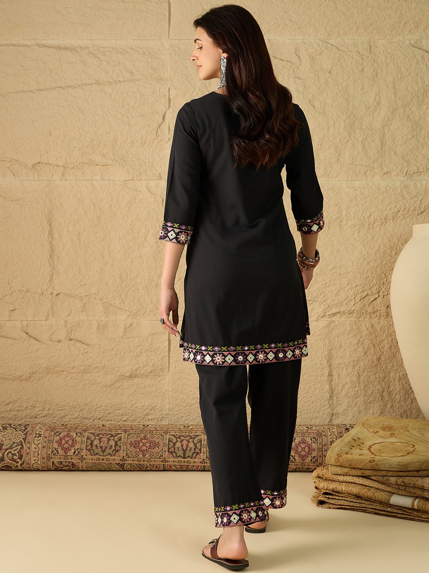 Black Cotton Embroidered Co-Ord Set