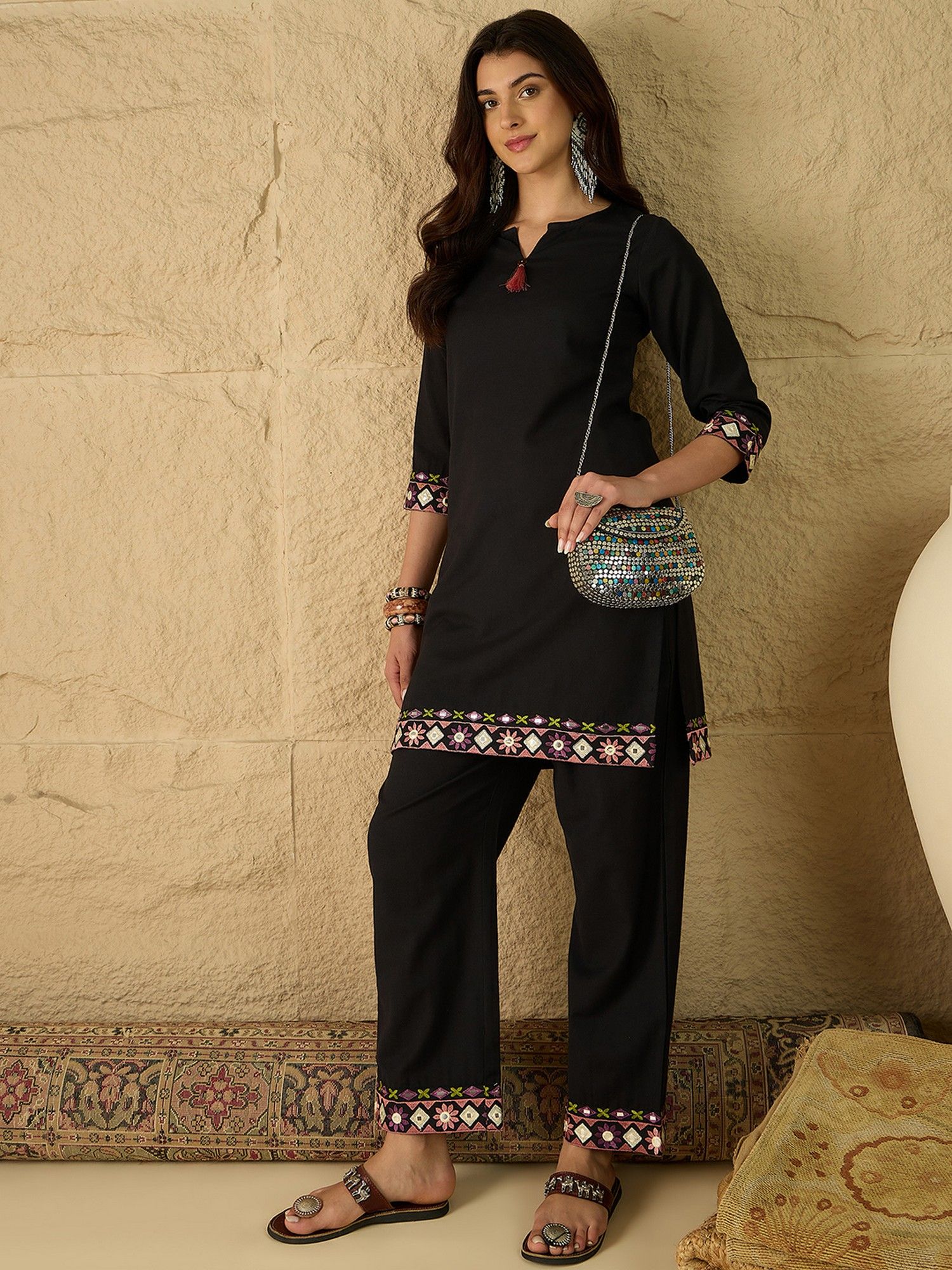 Black Cotton Embroidered Co-Ord Set