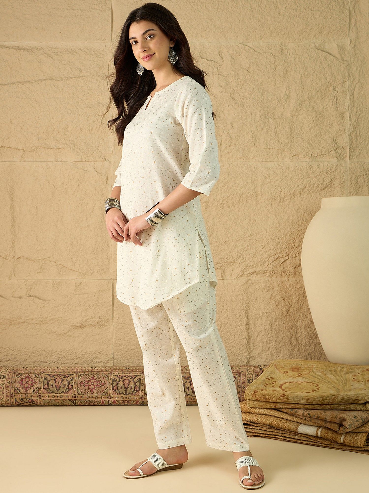 Beige Cotton Printed Co-Ord Set