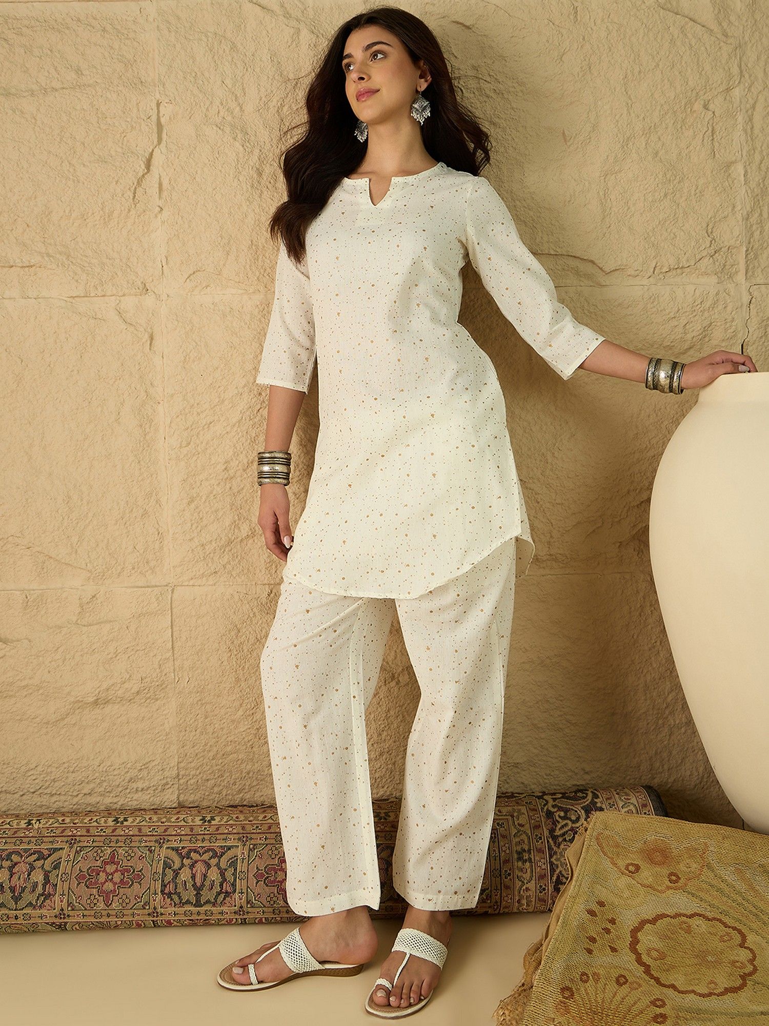 Beige Cotton Printed Co-Ord Set