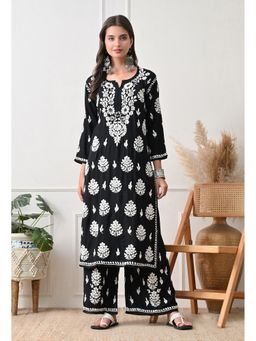SYRISH - Black Rayon Straight Chikankari Hand Embroidered Kurta with Palazzo