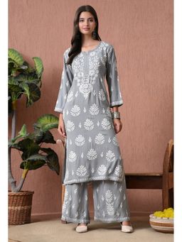 SYRISH - Grey Rayon Straight Chikankari Hand Embroidered Kurta with Palazzo
