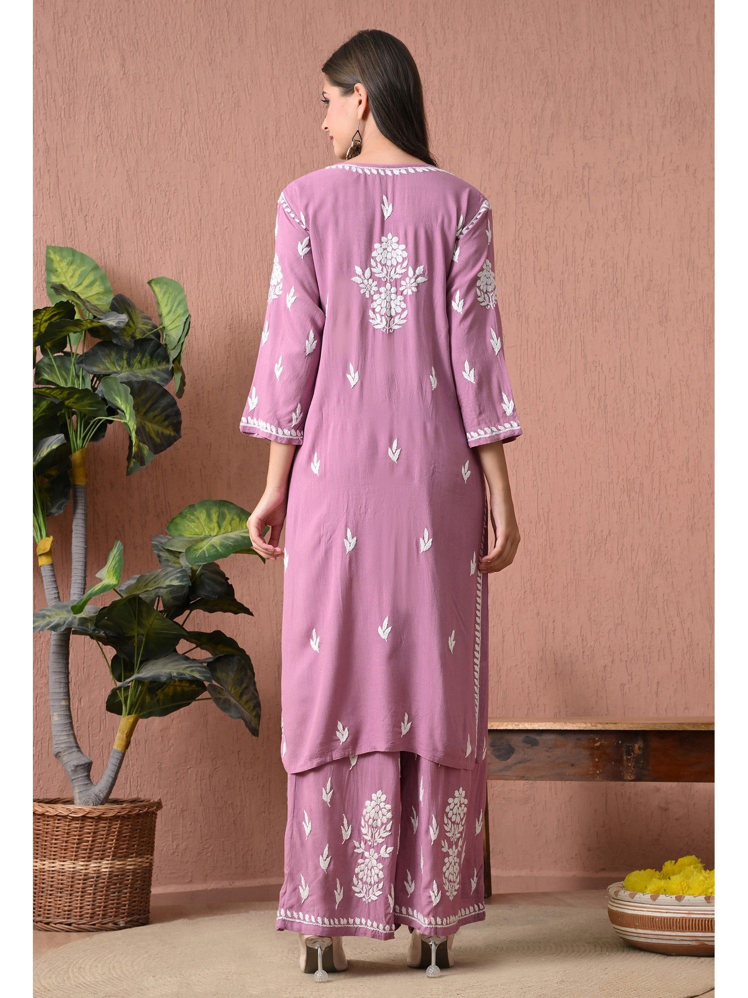 Purple Rayon Straight Chikankari Hand Embroidered Kurta with Palazzo