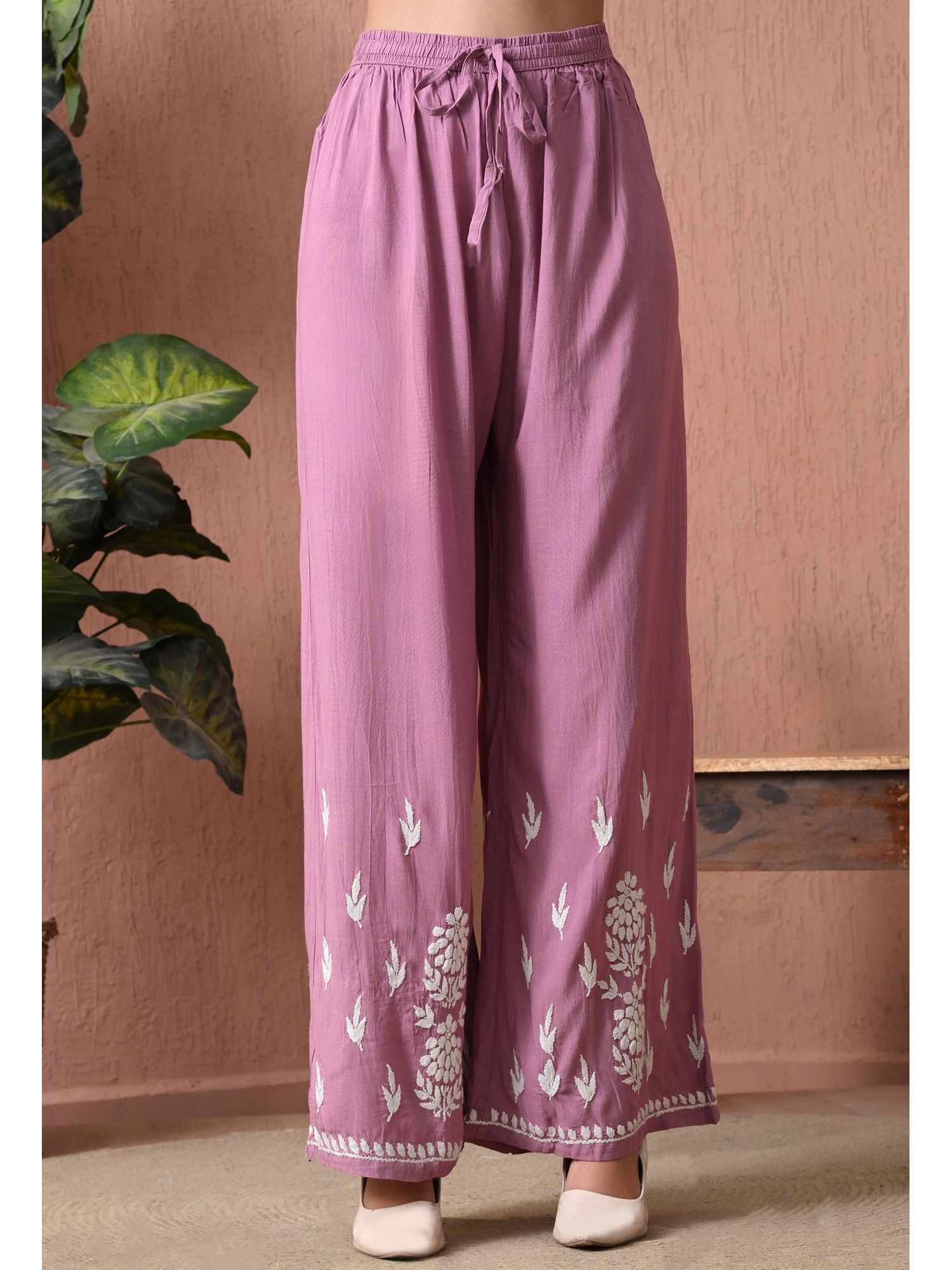 Purple Rayon Straight Chikankari Hand Embroidered Kurta with Palazzo
