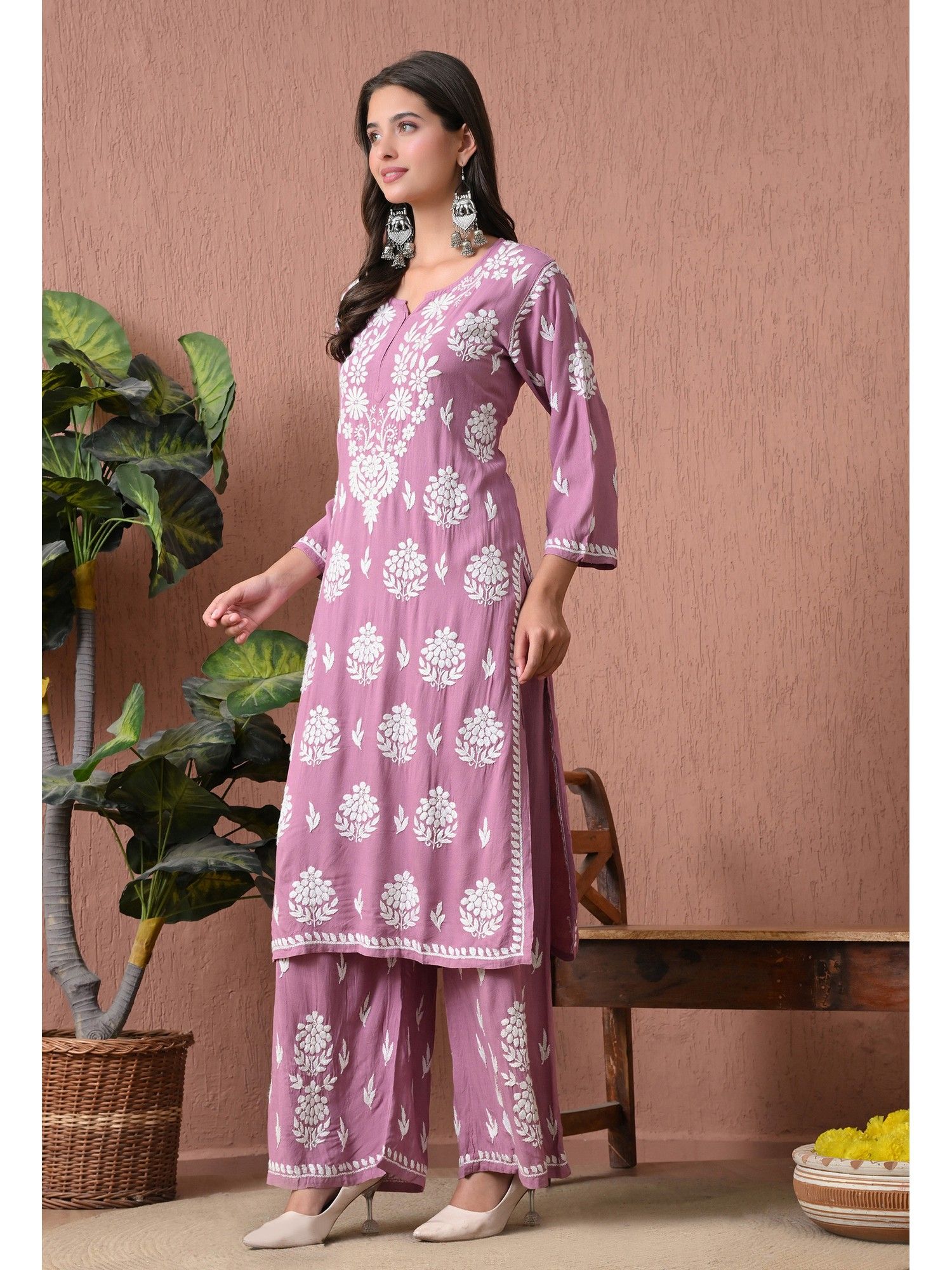 Purple Rayon Straight Chikankari Hand Embroidered Kurta with Palazzo