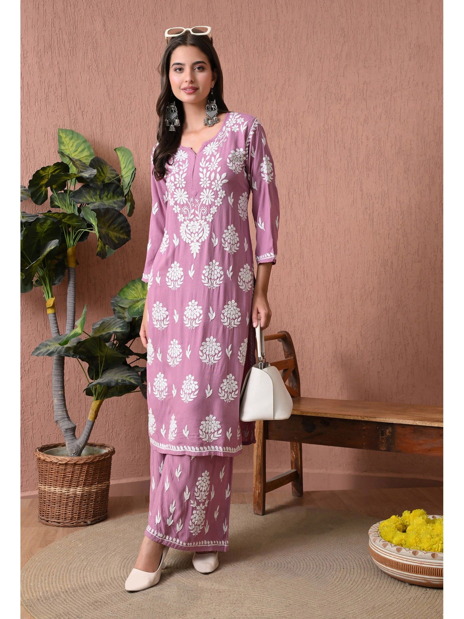 Purple Rayon Straight Chikankari Hand Embroidered Kurta with Palazzo