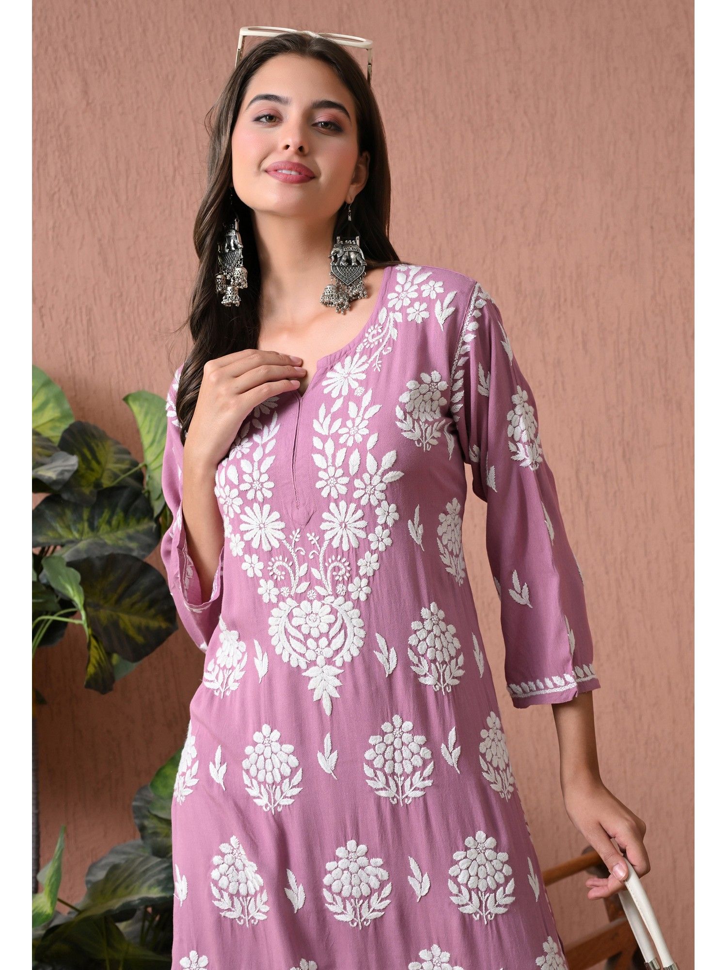 Purple Rayon Straight Chikankari Hand Embroidered Kurta with Palazzo