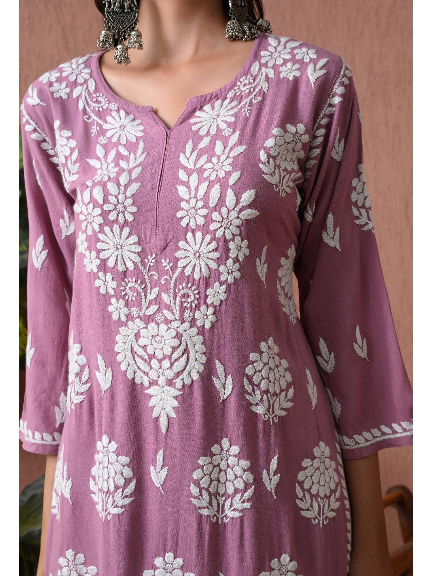 Purple Rayon Straight Chikankari Hand Embroidered Kurta with Palazzo