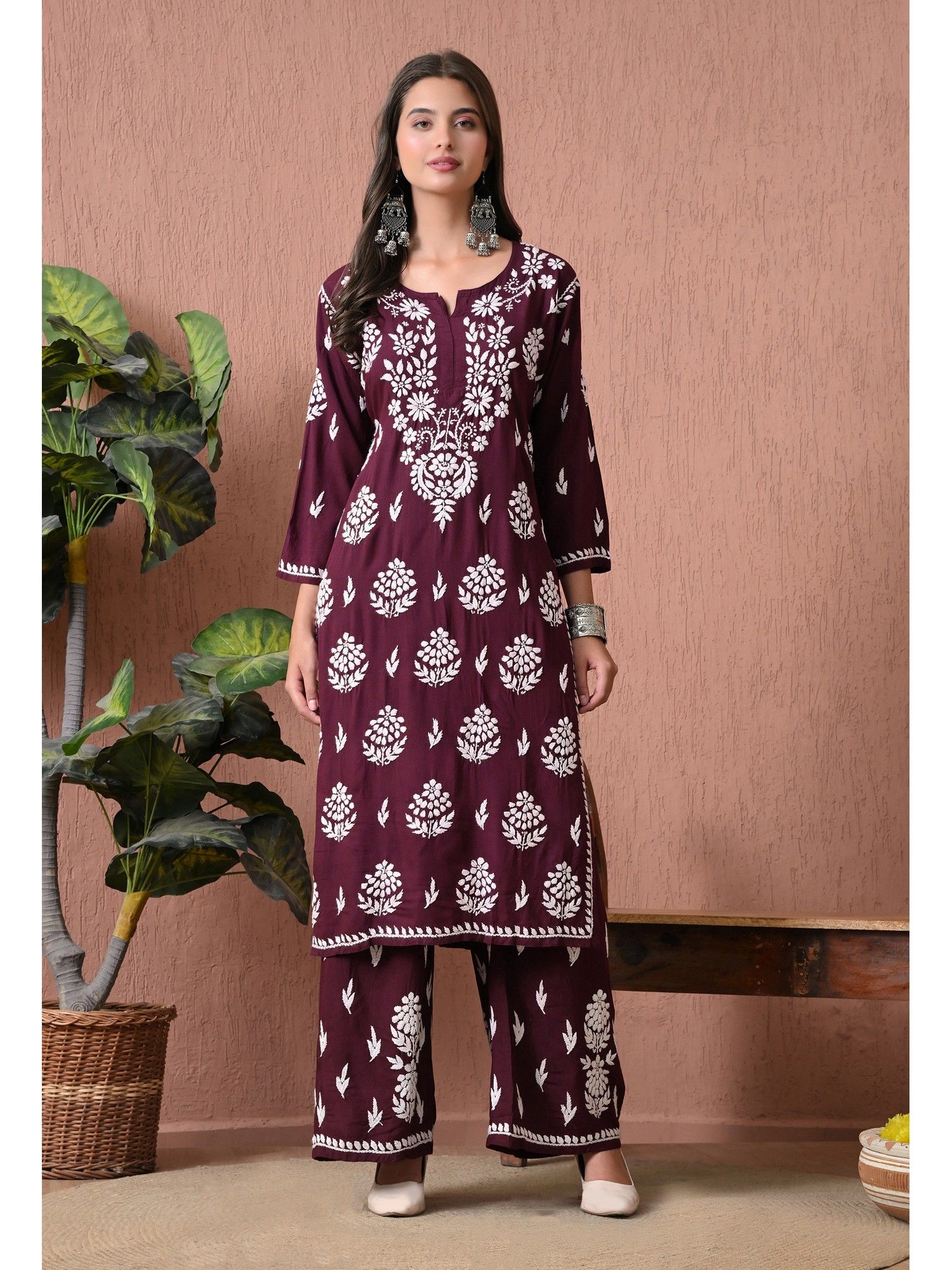Wine Rayon Straight Chikankari Hand Embroidered Kurta with Palazzo