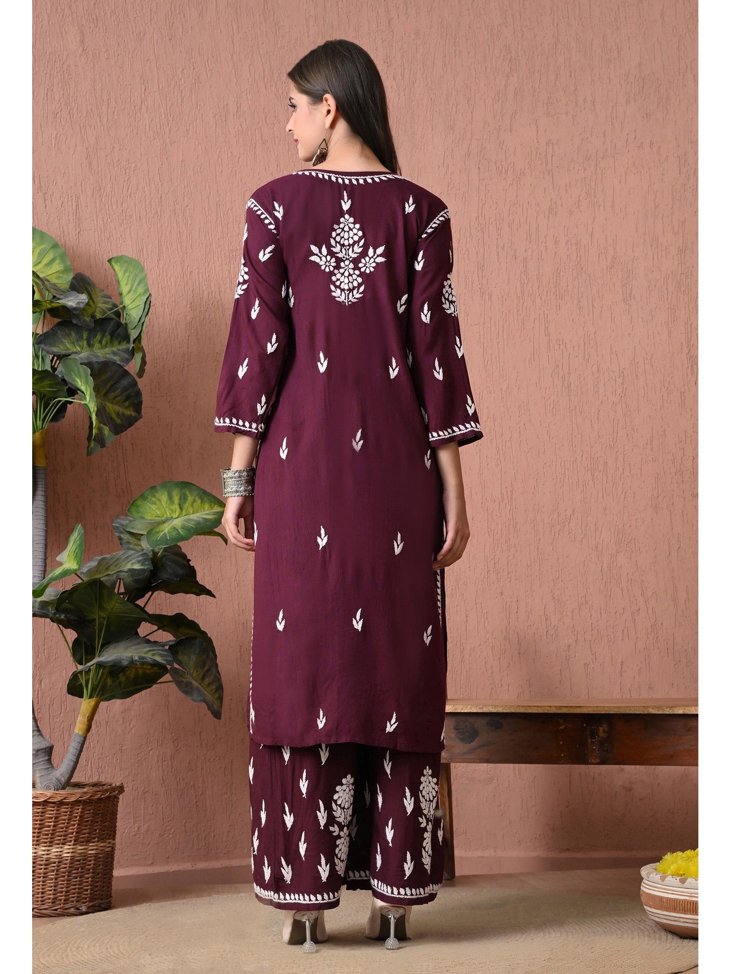 Wine Rayon Straight Chikankari Hand Embroidered Kurta with Palazzo