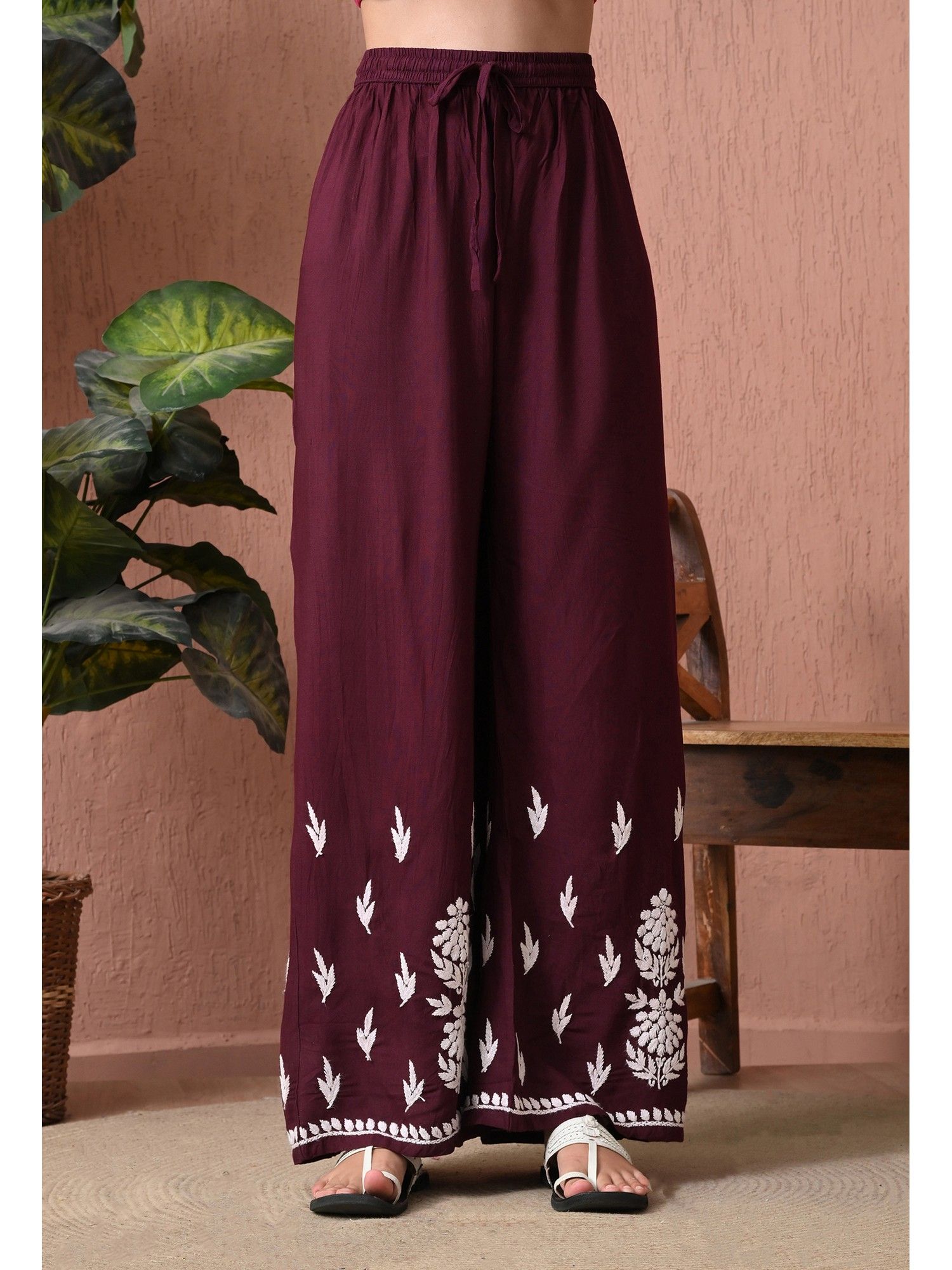 Wine Rayon Straight Chikankari Hand Embroidered Kurta with Palazzo