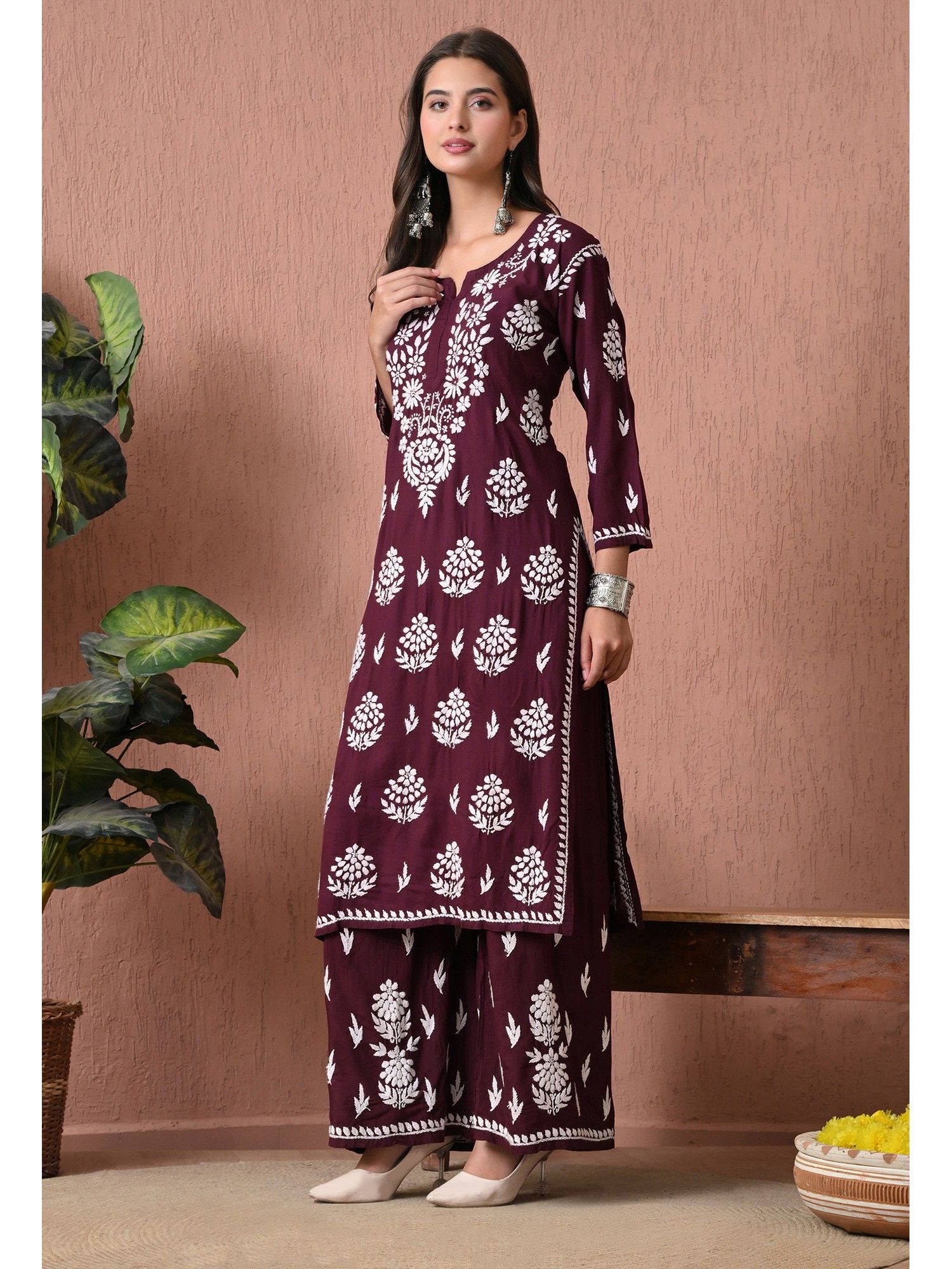 Wine Rayon Straight Chikankari Hand Embroidered Kurta with Palazzo