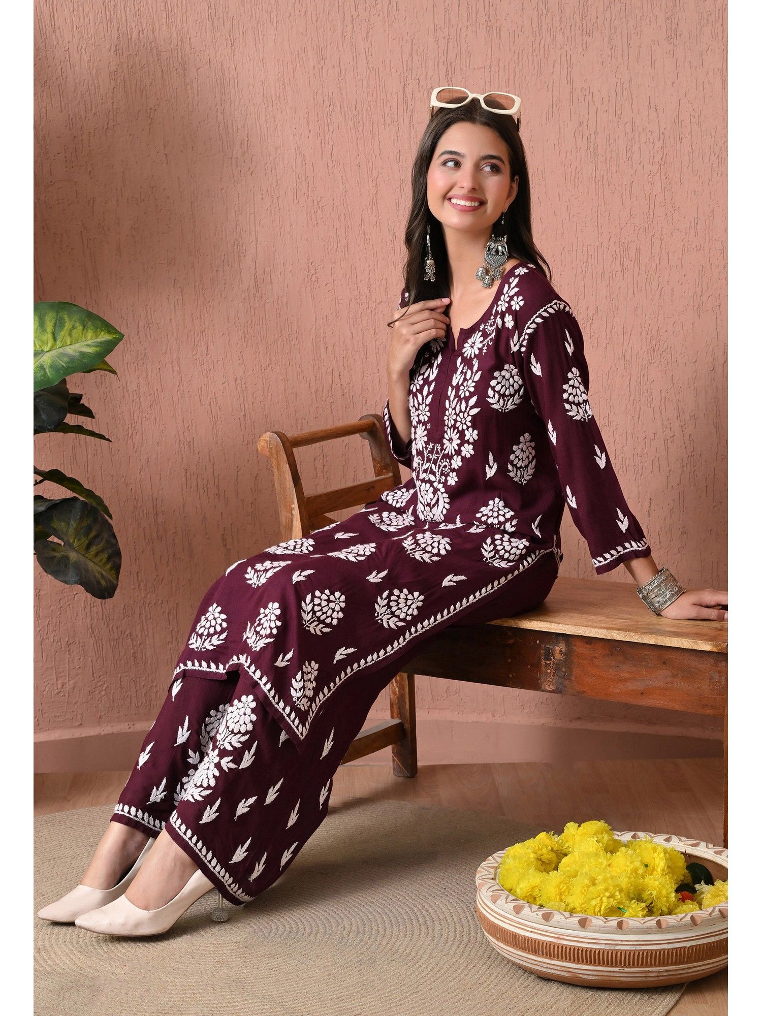 Wine Rayon Straight Chikankari Hand Embroidered Kurta with Palazzo