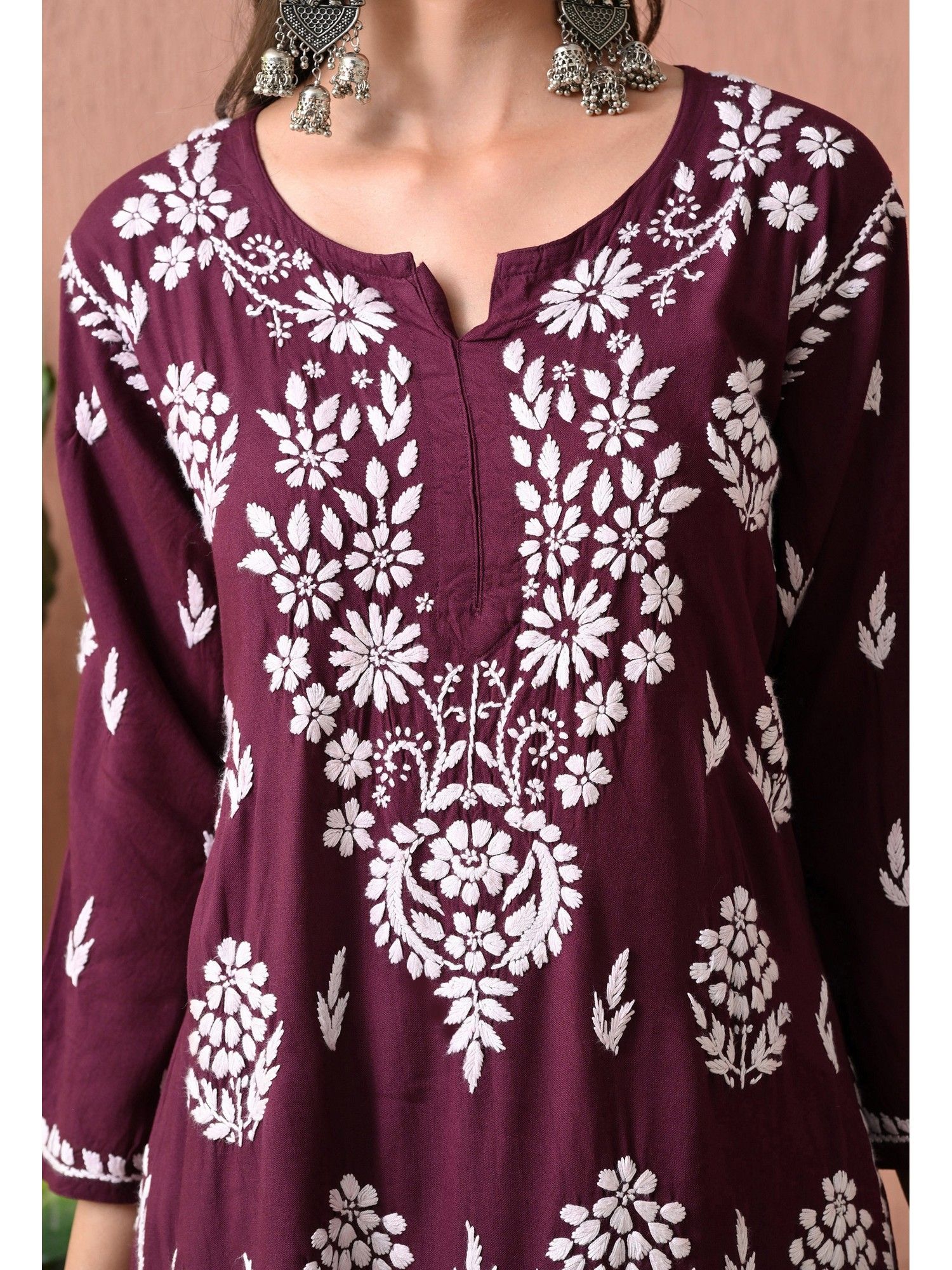 Wine Rayon Straight Chikankari Hand Embroidered Kurta with Palazzo